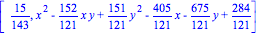 [15/143, x^2-152/121*x*y+151/121*y^2-405/121*x-675/121*y+284/121]
